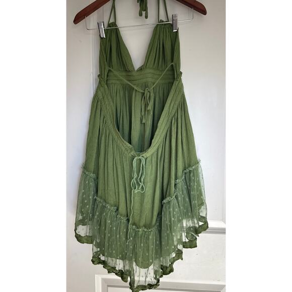 Boho Fairy Patchwork Swing Mini Dress Green Lace Polka Dot M - Picture 6 of 8